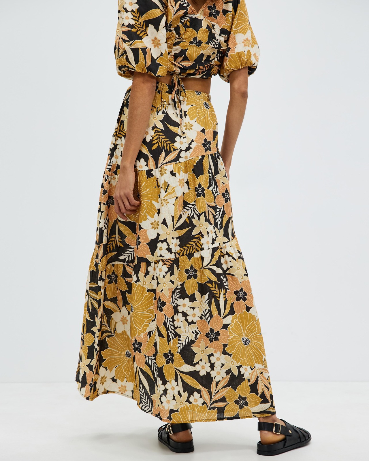 Asymmetric Tiered Linen Maxi Skirt