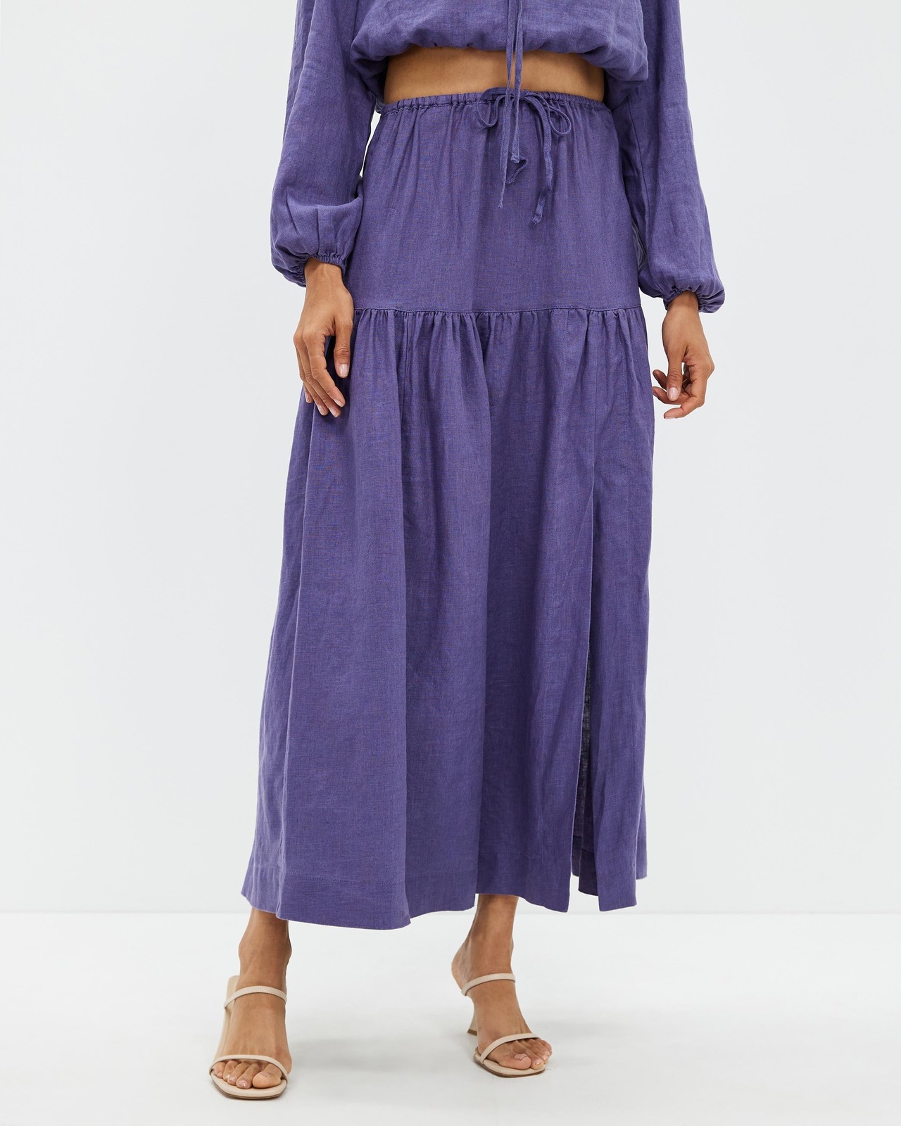 Linen Midi Skirt With Tie Waist