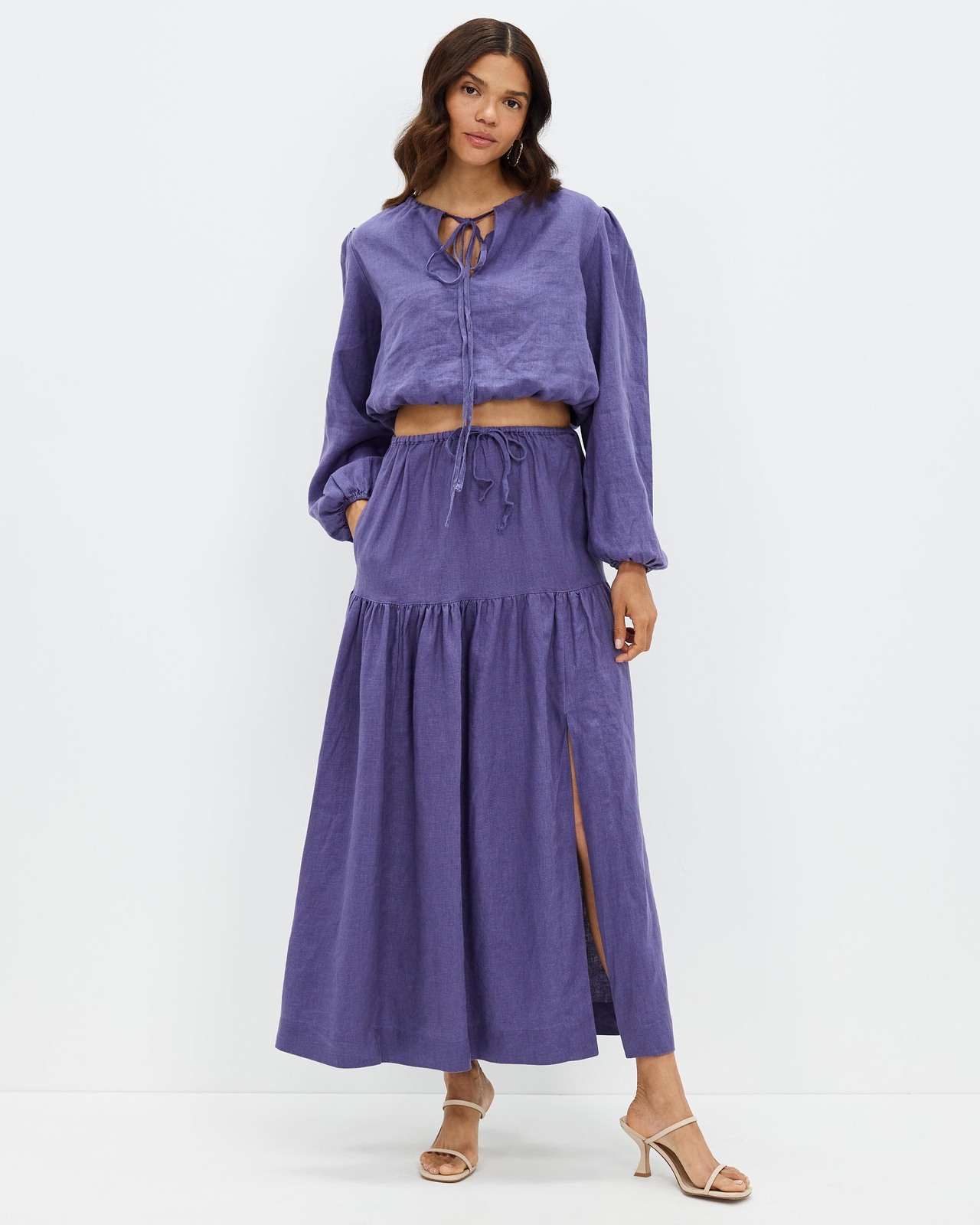 Linen Midi Skirt With Tie Waist