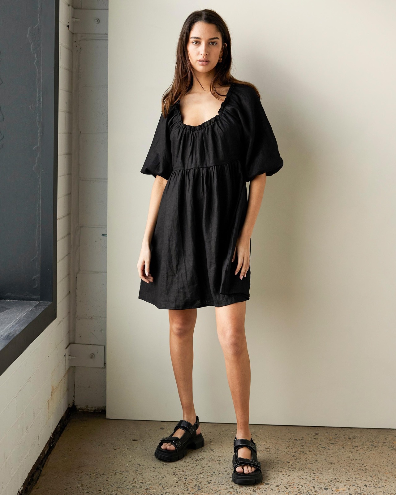 knee length dresses for ladies Linen Smock 'Lisa' with Long Sleeves, Button Up Dress