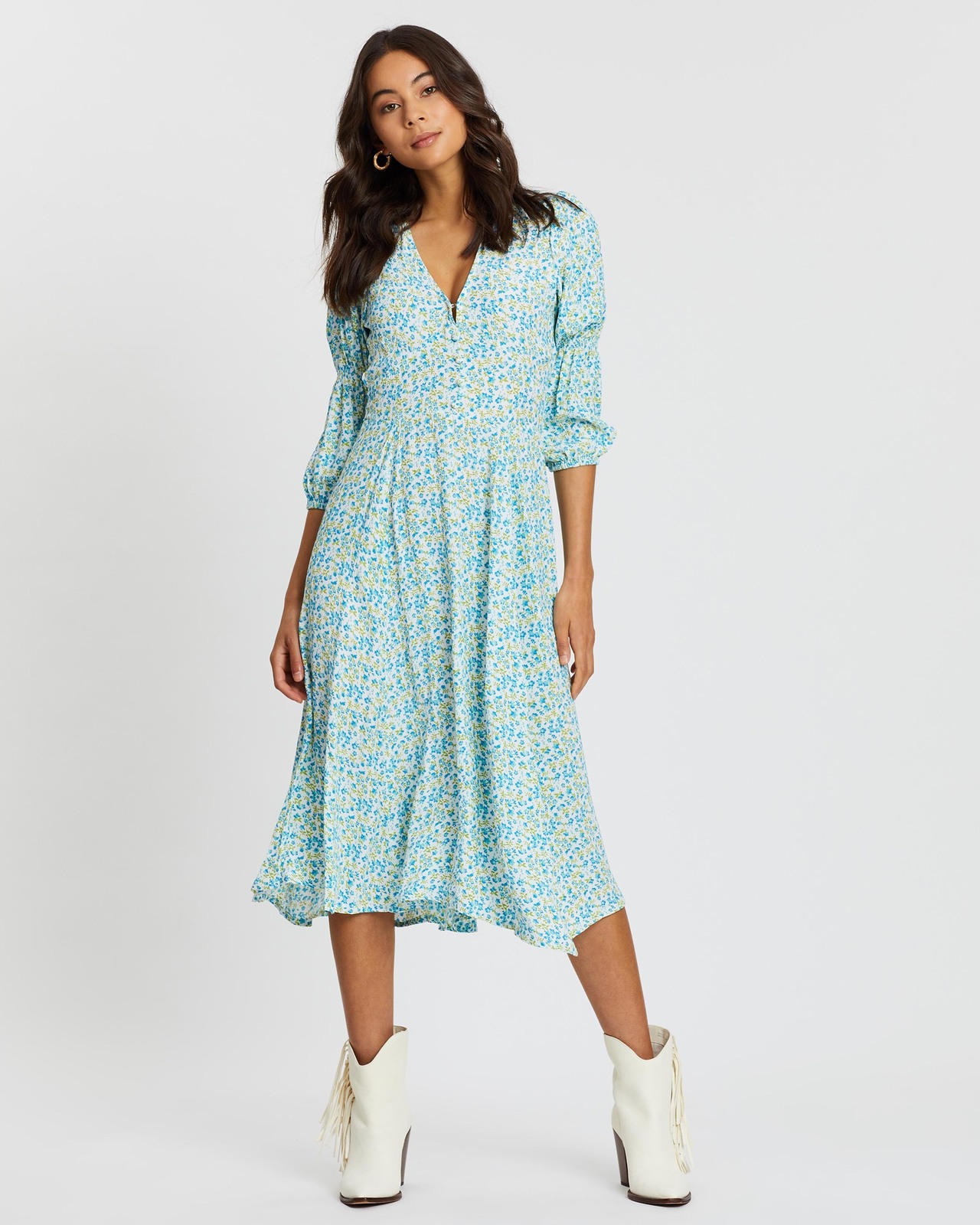 knee length dresses for ladies Faithfull the Brand Meadows Midi Dress Meja Floral Harvest Beauty