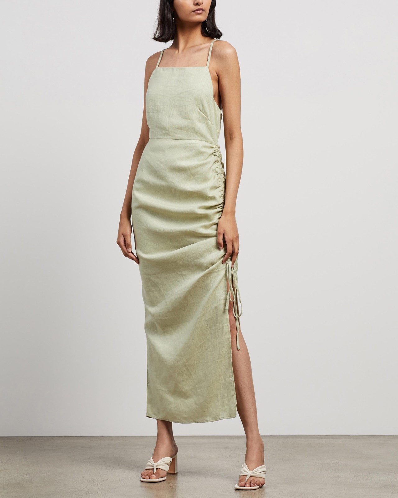 cut out linen mini dress Beige Folhar Cut-Out Linen Mini Dress