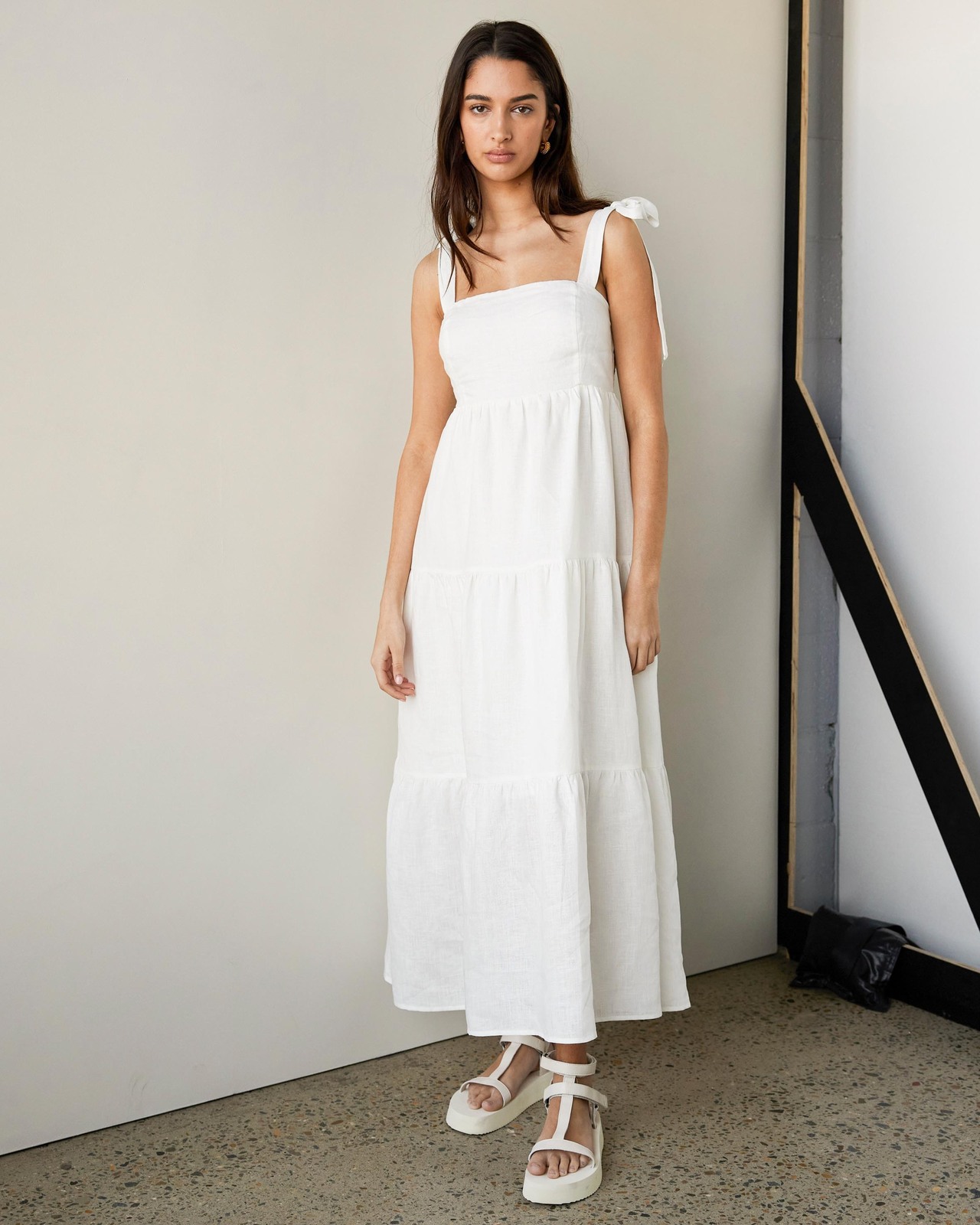 Linen Tie Strap Tiered Dress