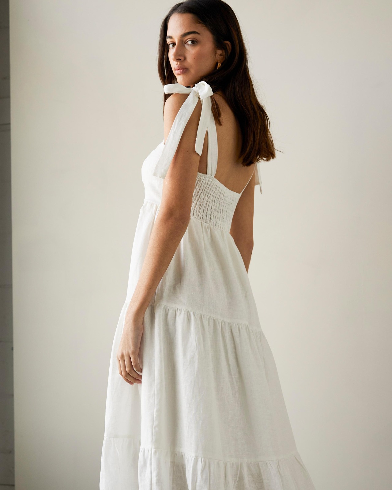 Linen Tie Strap Tiered Dress