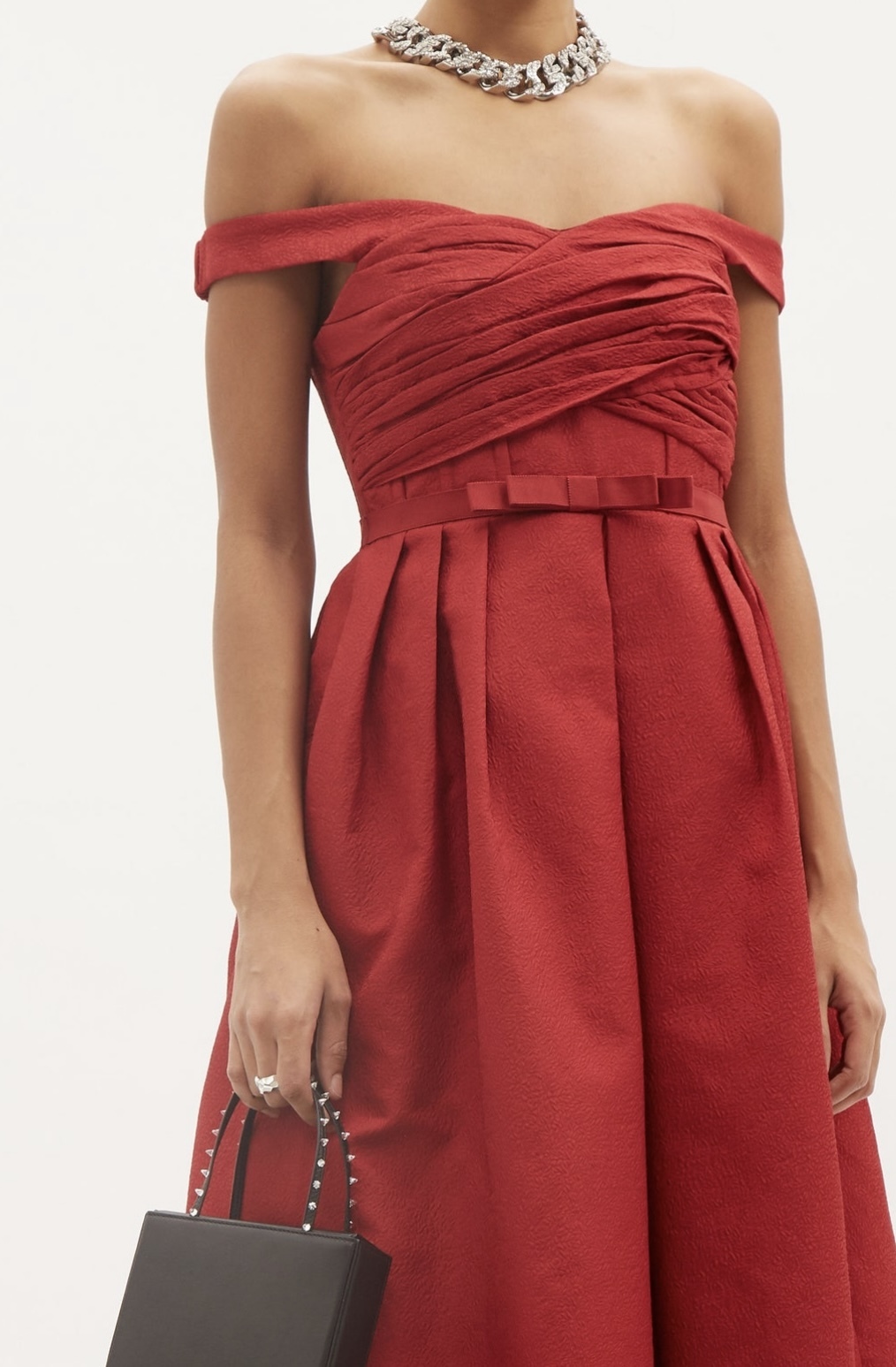 Off-the-shoulder Gathered Taffeta Midi Dress