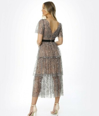 self portrait tiered striped sequin midi dress Self-Portrait Tiered Sequin Midi Dress Size UK 12
