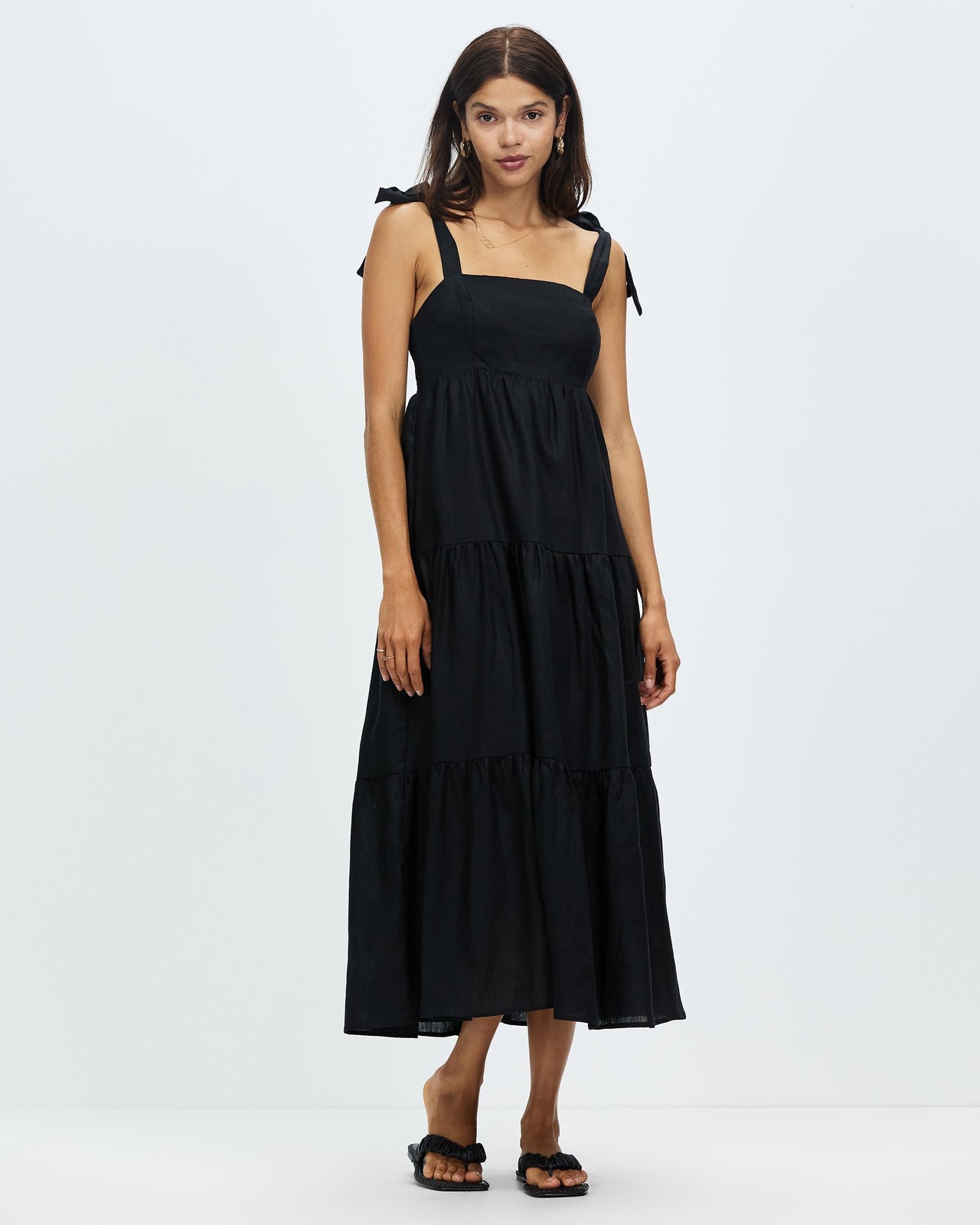 AERE Linen Tie Strap Tiered Dress AirRobe