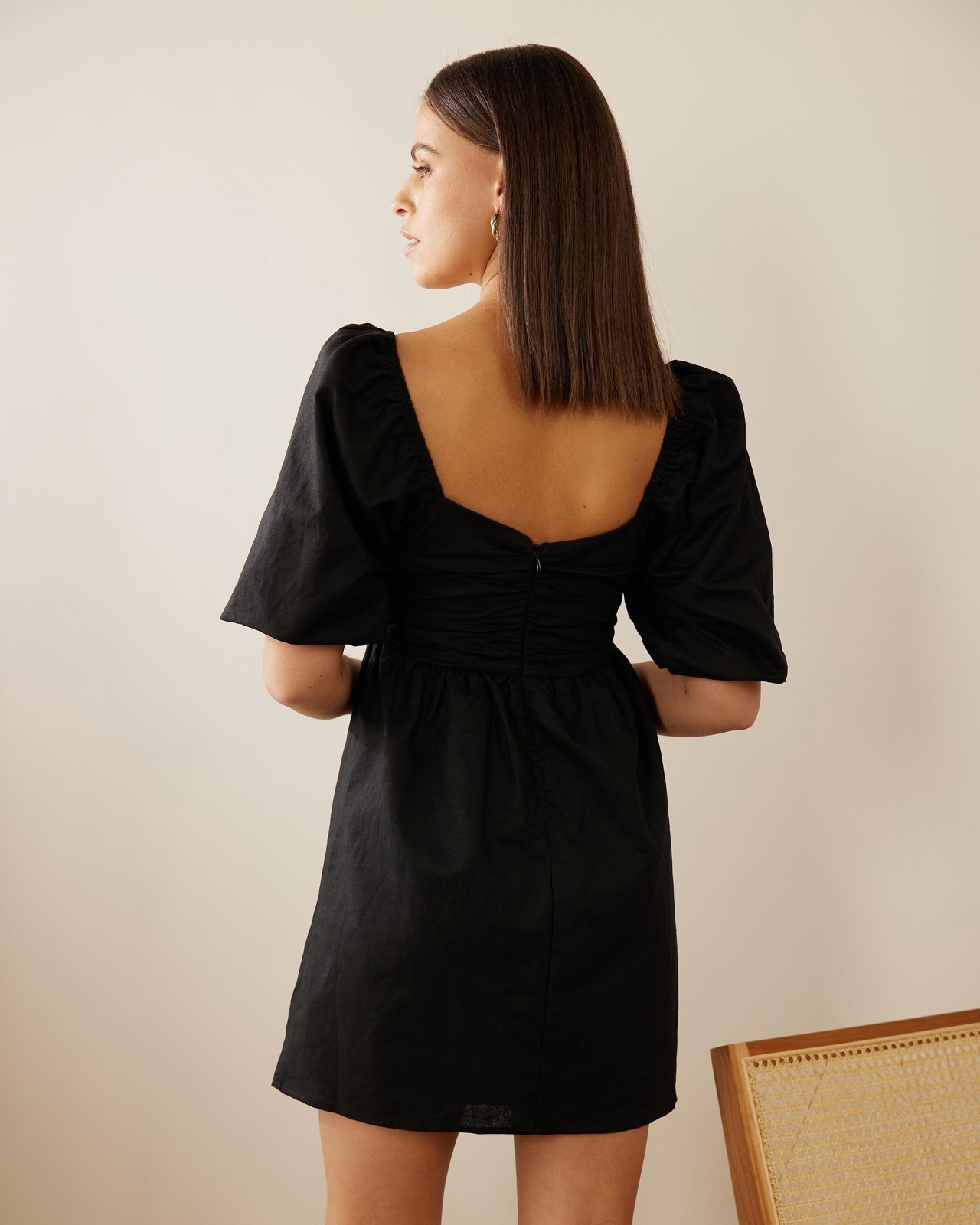 Fern Linen Blend Gathered Puff Sleeve Mini Dress