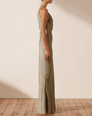 shona joy luxe asymmetrical gathered maxi dress Shona Joy - La Lune Asymmetrical Draped Maxi Dress - Blossom main image 0