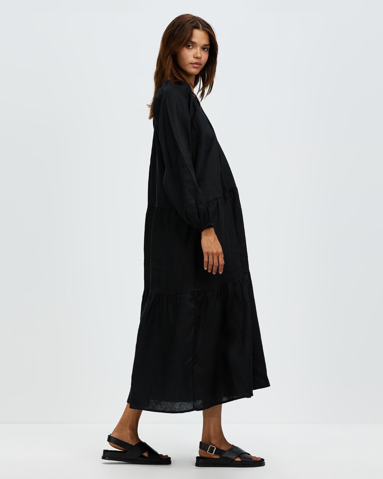 Tiered Linen Long Sleeve Dress