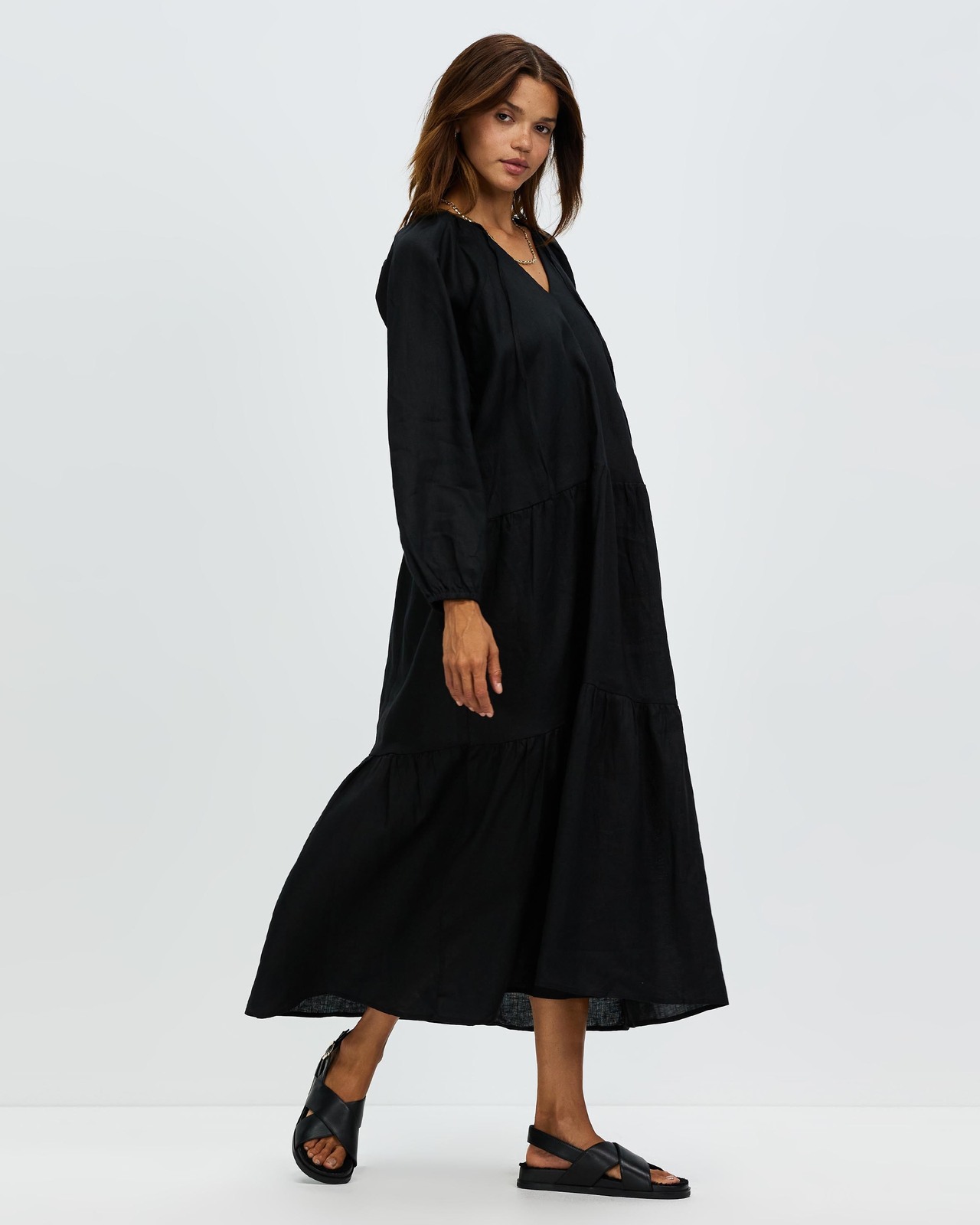 Tiered Linen Long Sleeve Dress