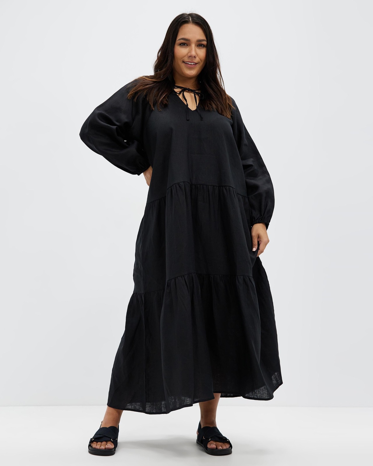 Tiered Linen Long Sleeve Dress