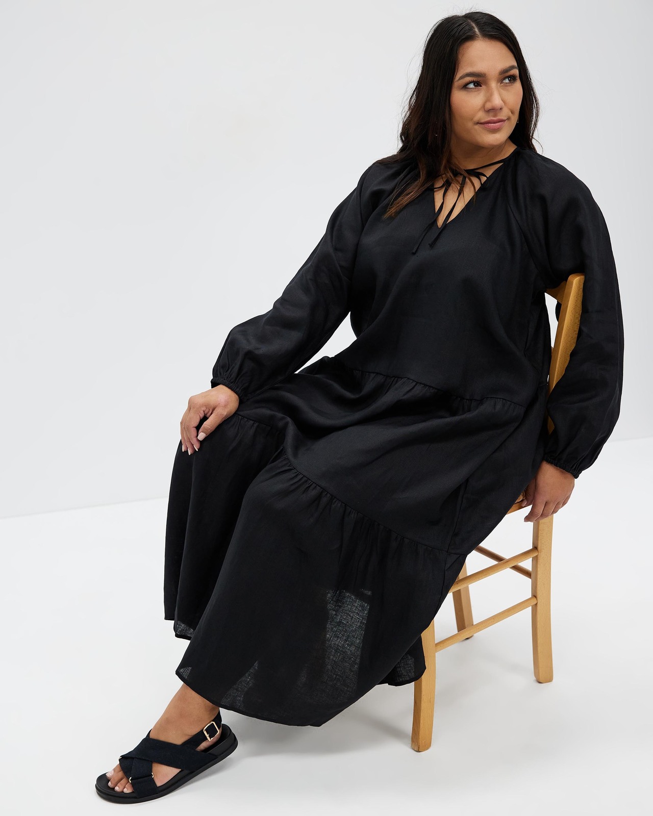 Tiered Linen Long Sleeve Dress