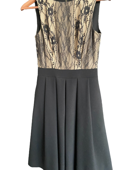 open lace back dress Mixed Lace Midi Dress With Asymmetric Pleated Skirt main image 0