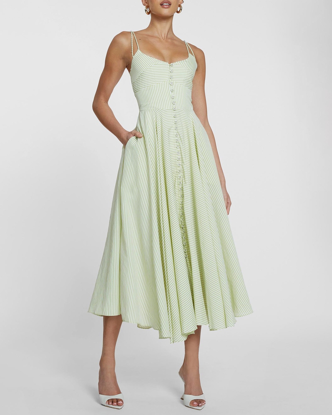making the cut jonny striped dress BY JOHNNY. Stripe Sun Teal Green Bell Sleeve Striped midi dress Collared short sleeve wrap Color:Blue Blossom LIVE 06/29/2026 MC