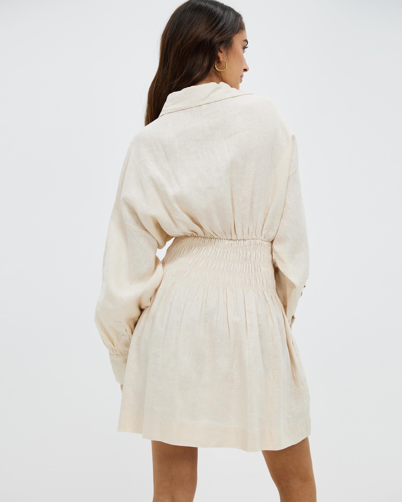 Linen Shirred Waist Mini Shirt Dress