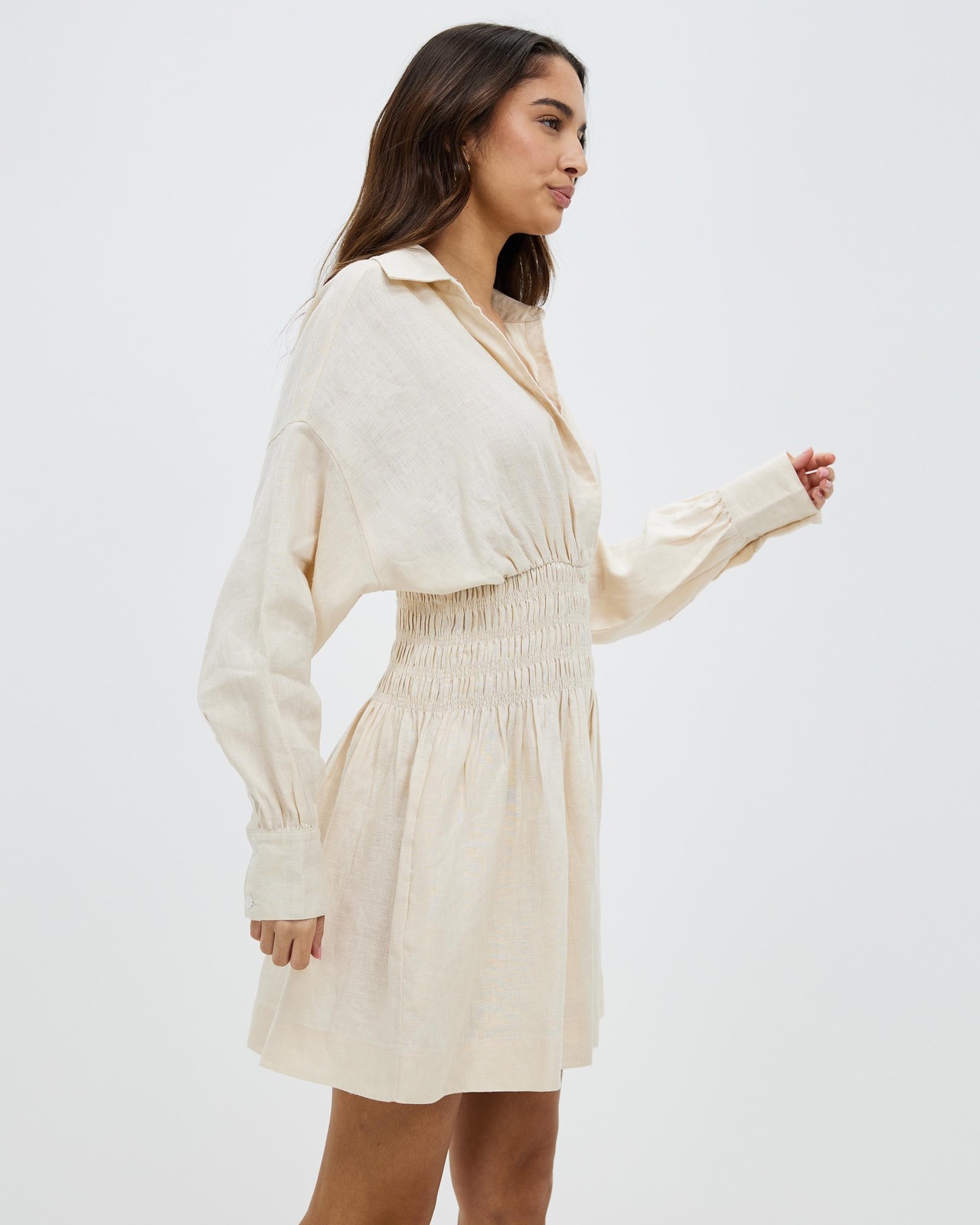 Linen Shirred Waist Mini Shirt Dress