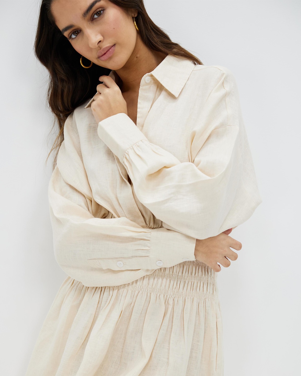 Linen Shirred Waist Mini Shirt Dress