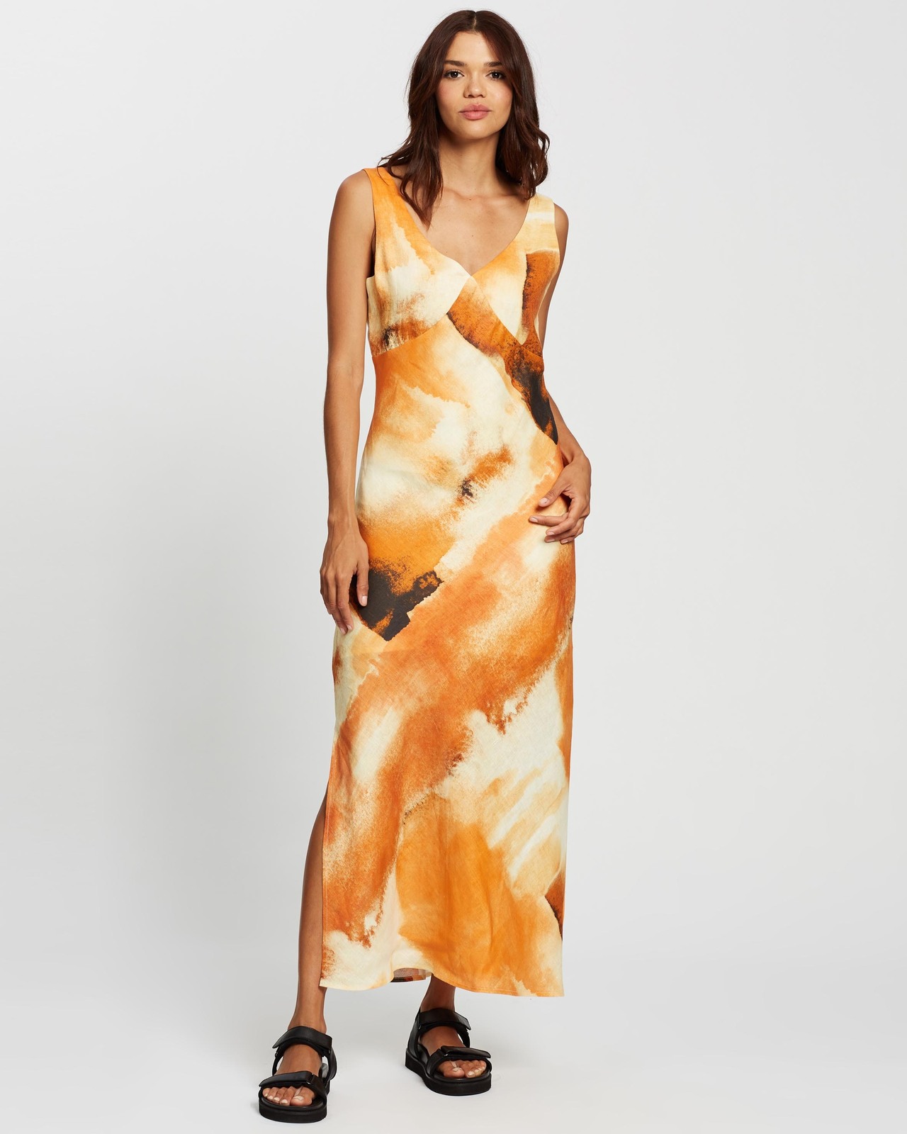 chinese dress ladies Long Linen Bias-Cut Dress With Mandarin Collar