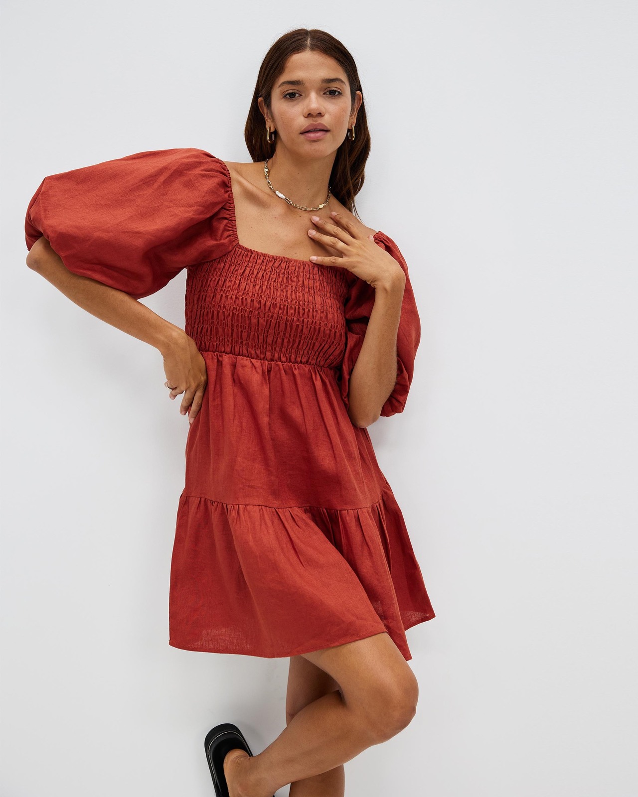 AERE Shirred Linen Puff Sleeve Mini Dress - AirRobe