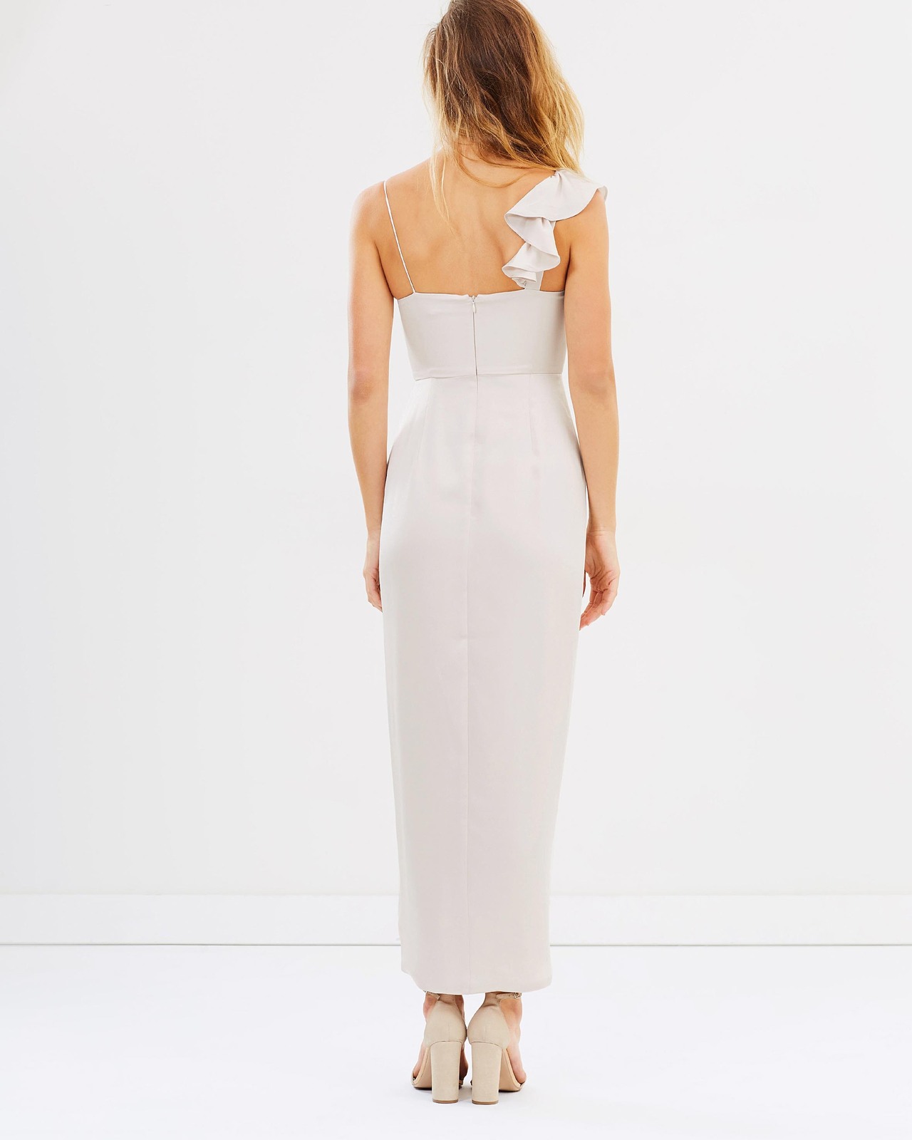 shona joy asymmetrical frill dress Shona Joy - Agnes Draped Ruffle Maxi Dress