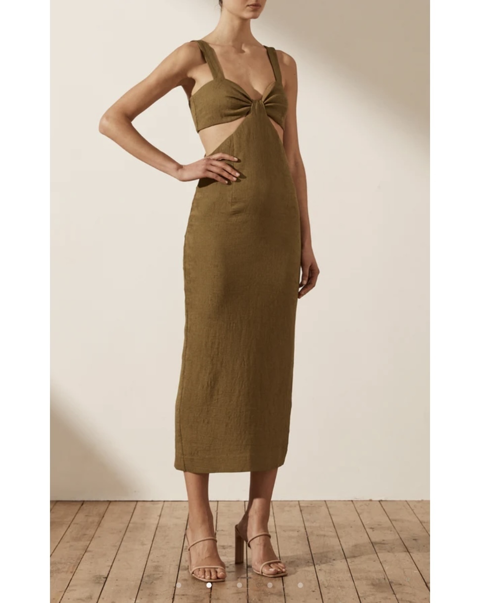 shona joy simone fitted cut out midi dress Shona Joy Simone Cross Over Midi Dress in Cumin – Coco & Lola