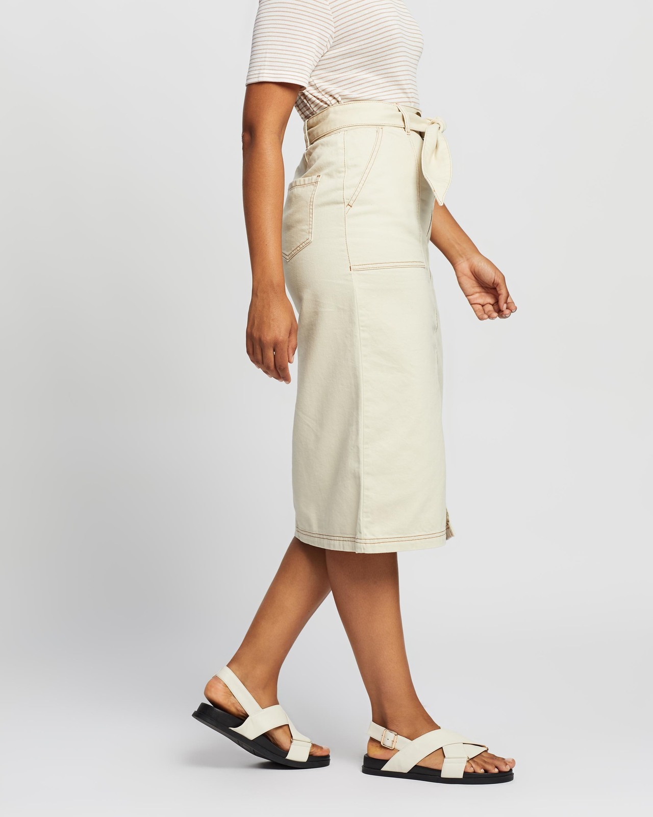 Cream Denim Midi Skirt Outfit Tan Denim Skirt Denim Skirt White