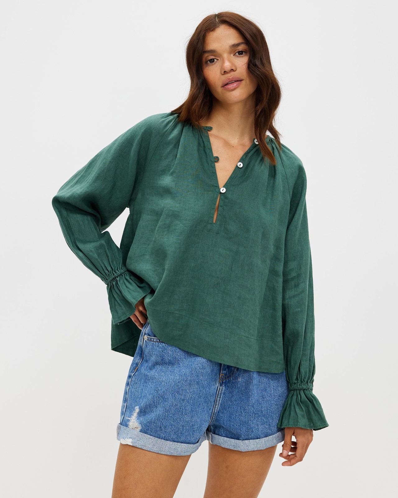 Linen Smock Top With Frill Sleeves