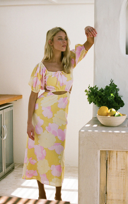 knee length dresses for ladies Iris Cutout Midi Dress - Spring Petals Blue Green White L main image 1