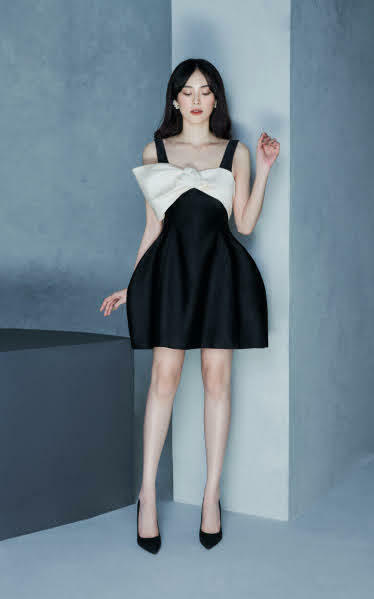 Eliza Bow Mini Dress with Flower Brooch