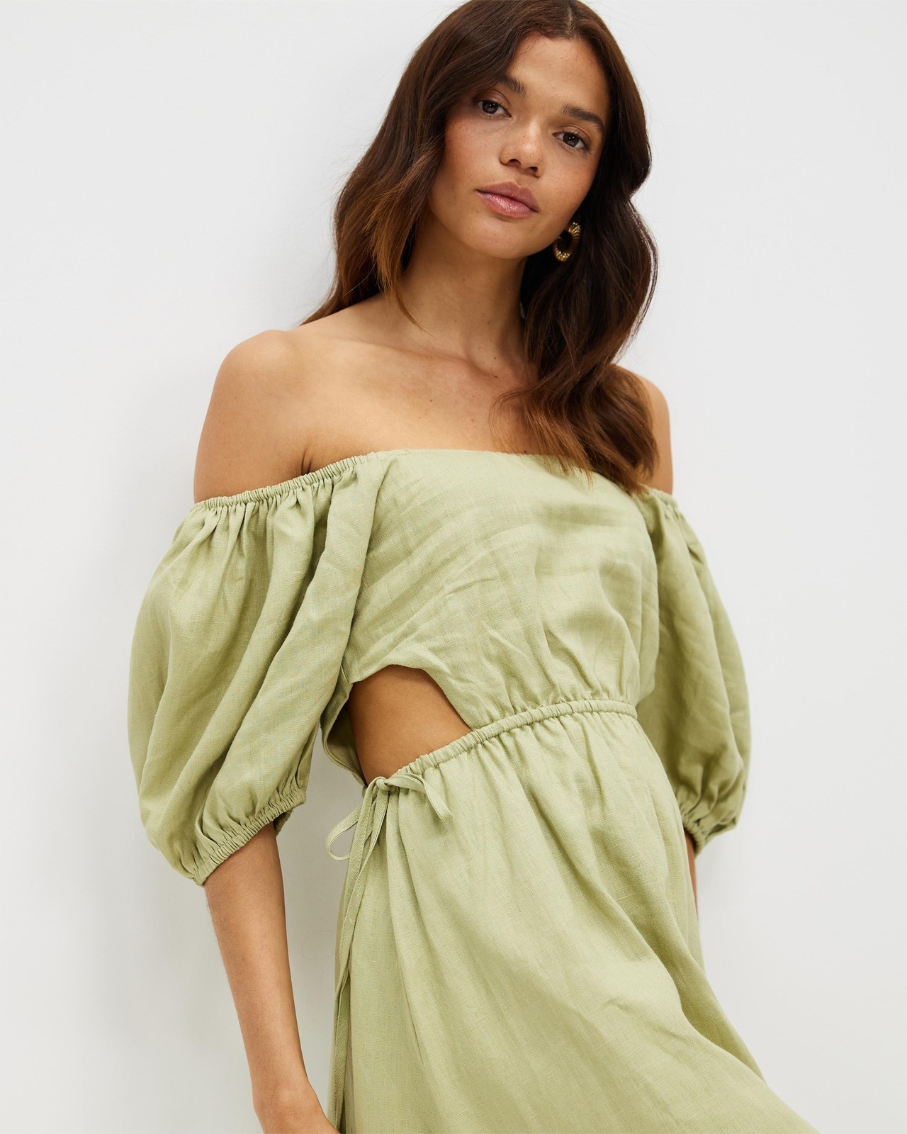 Off Shoulder Tie Side Linen Dress