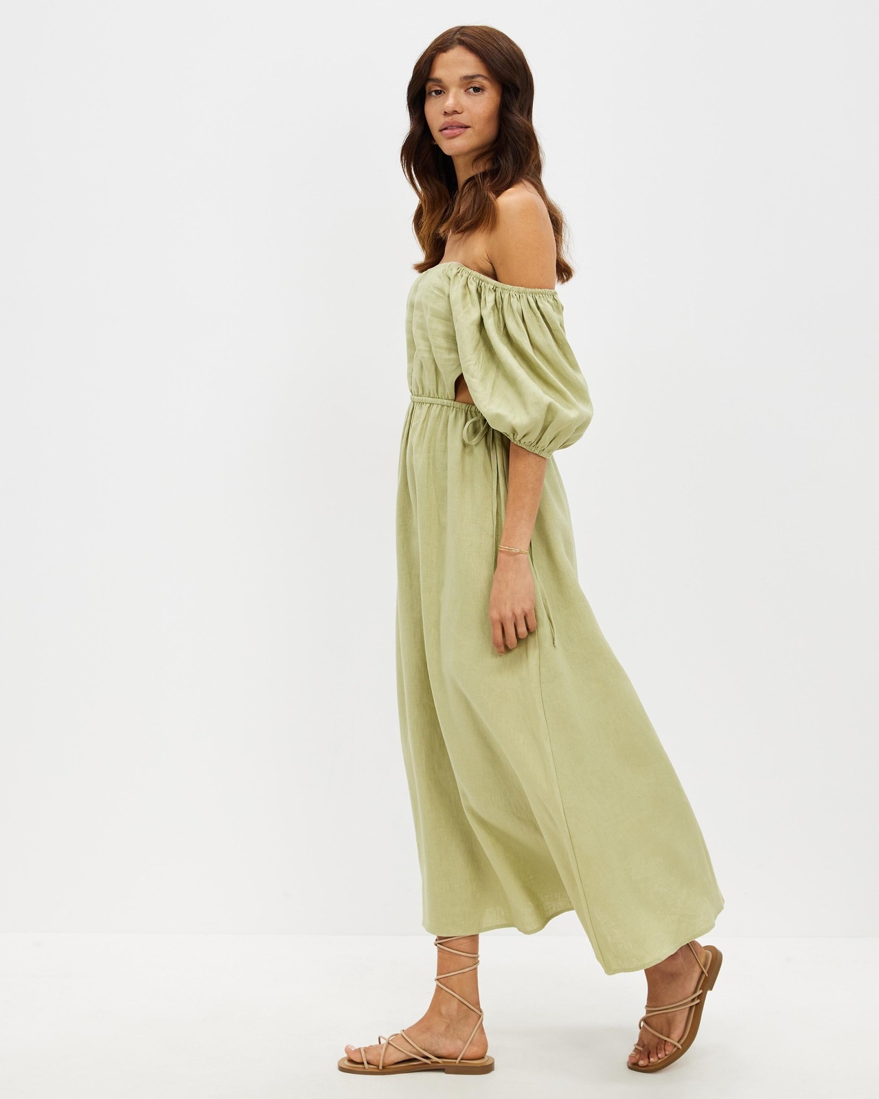 Off Shoulder Tie Side Linen Dress