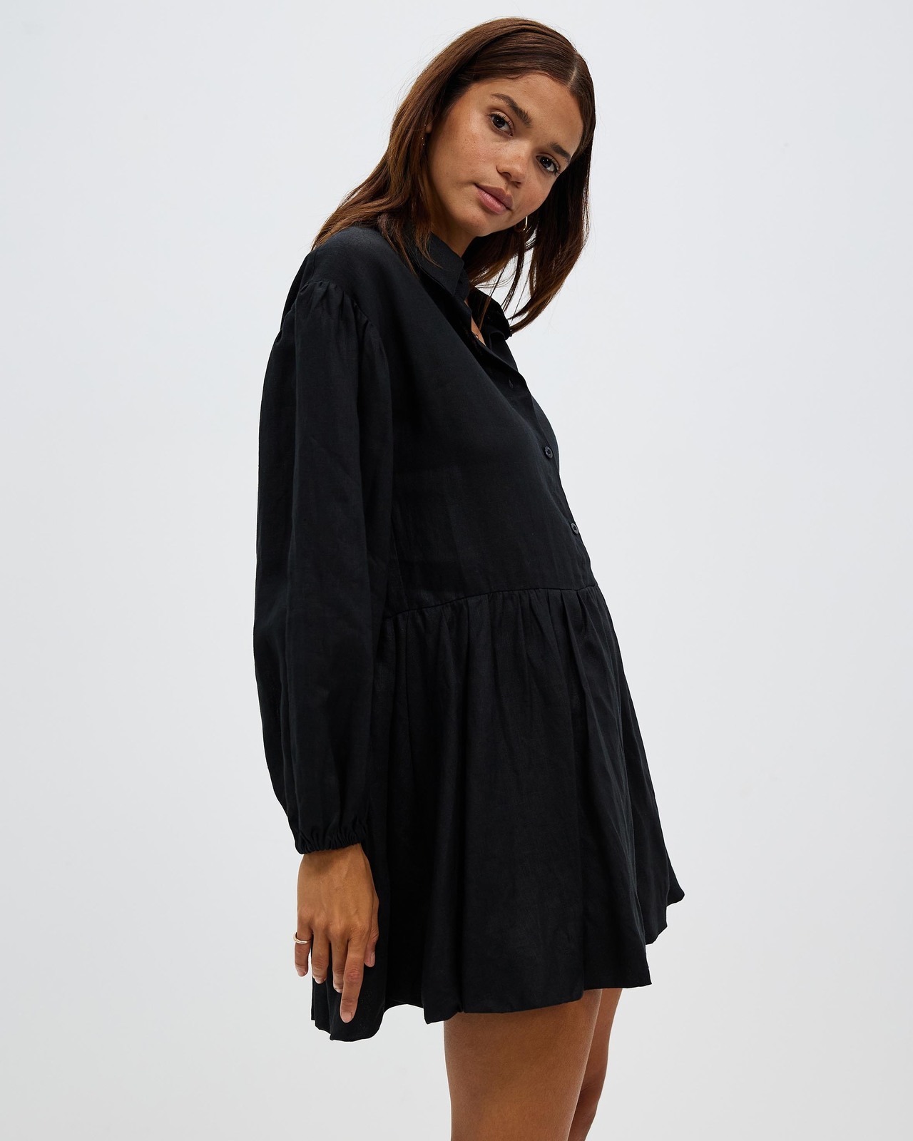 AERE Bubble Hem Linen Mini Dress AirRobe