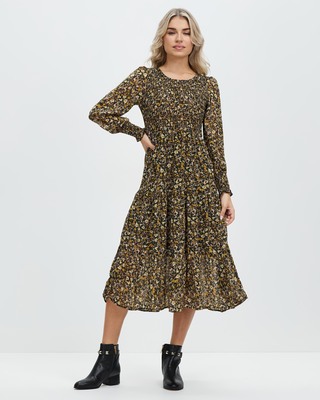 apricot green floral dress Joie Puff Sleeve Shirred Dress Floral Print Apricot/Green main image 0