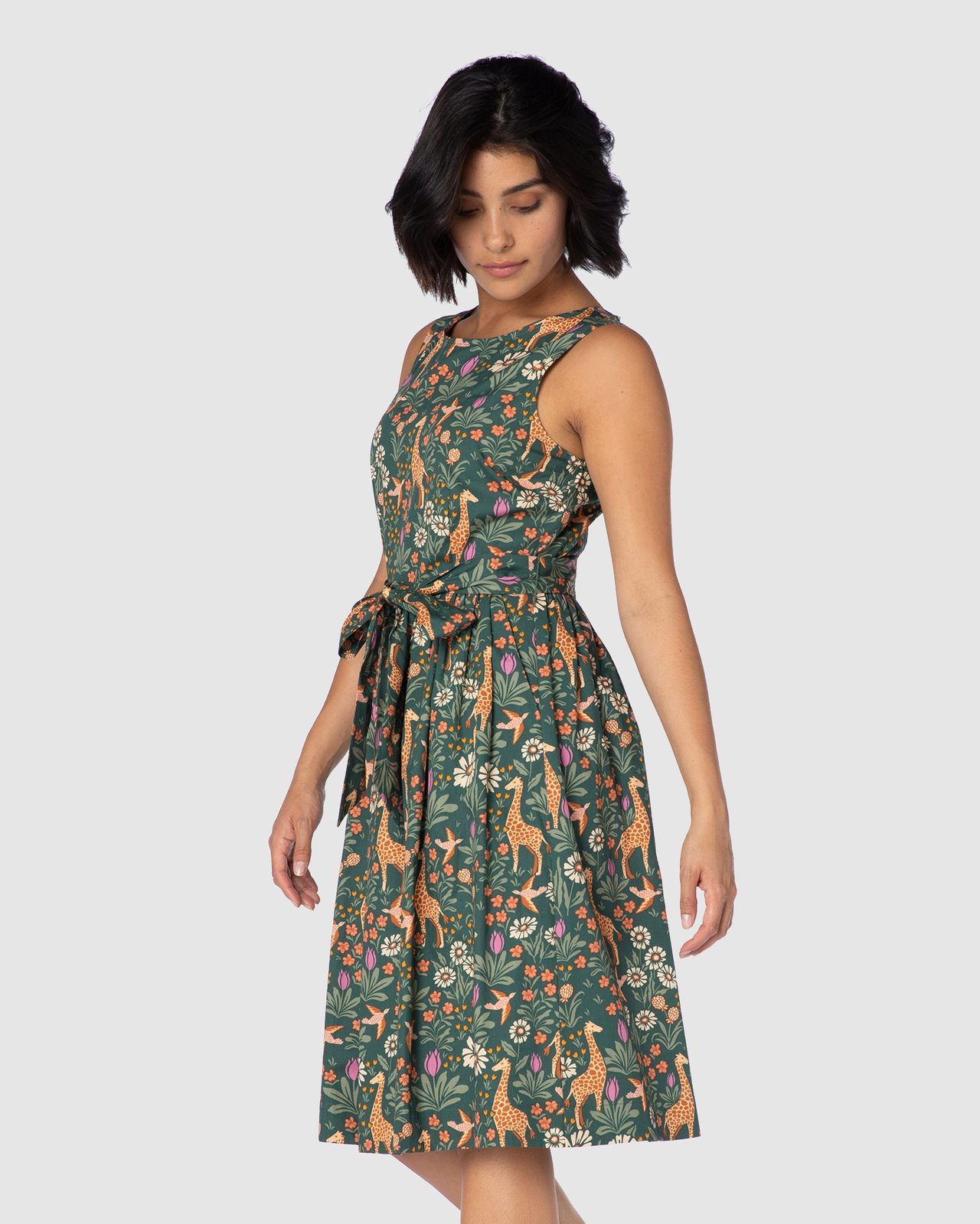 slim fit dress slacks Maritza Watercolor Tile Print Asymmetric Dress with Embellishment