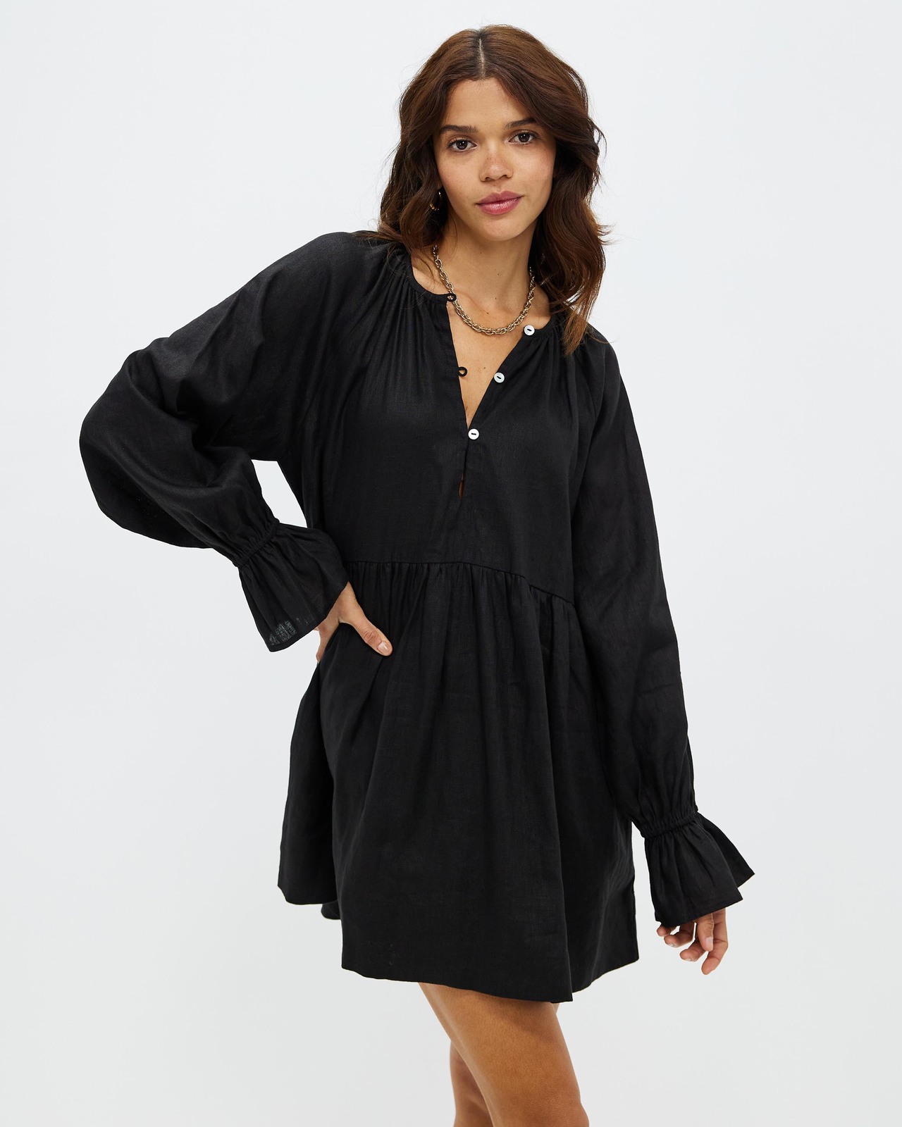 Linen Smock Dress With Frill Sleeve