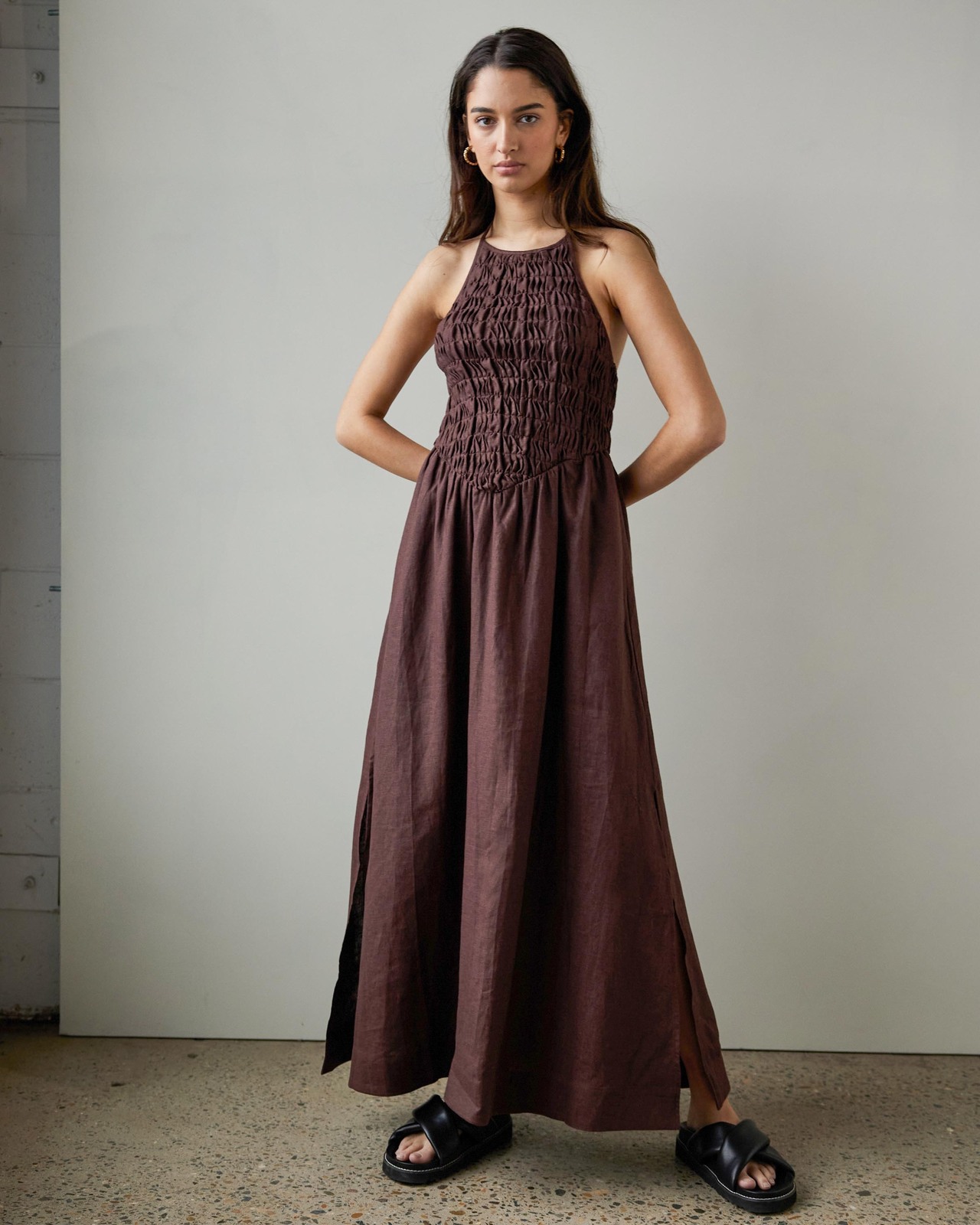 Smocked Bodice Linen Midi Dress