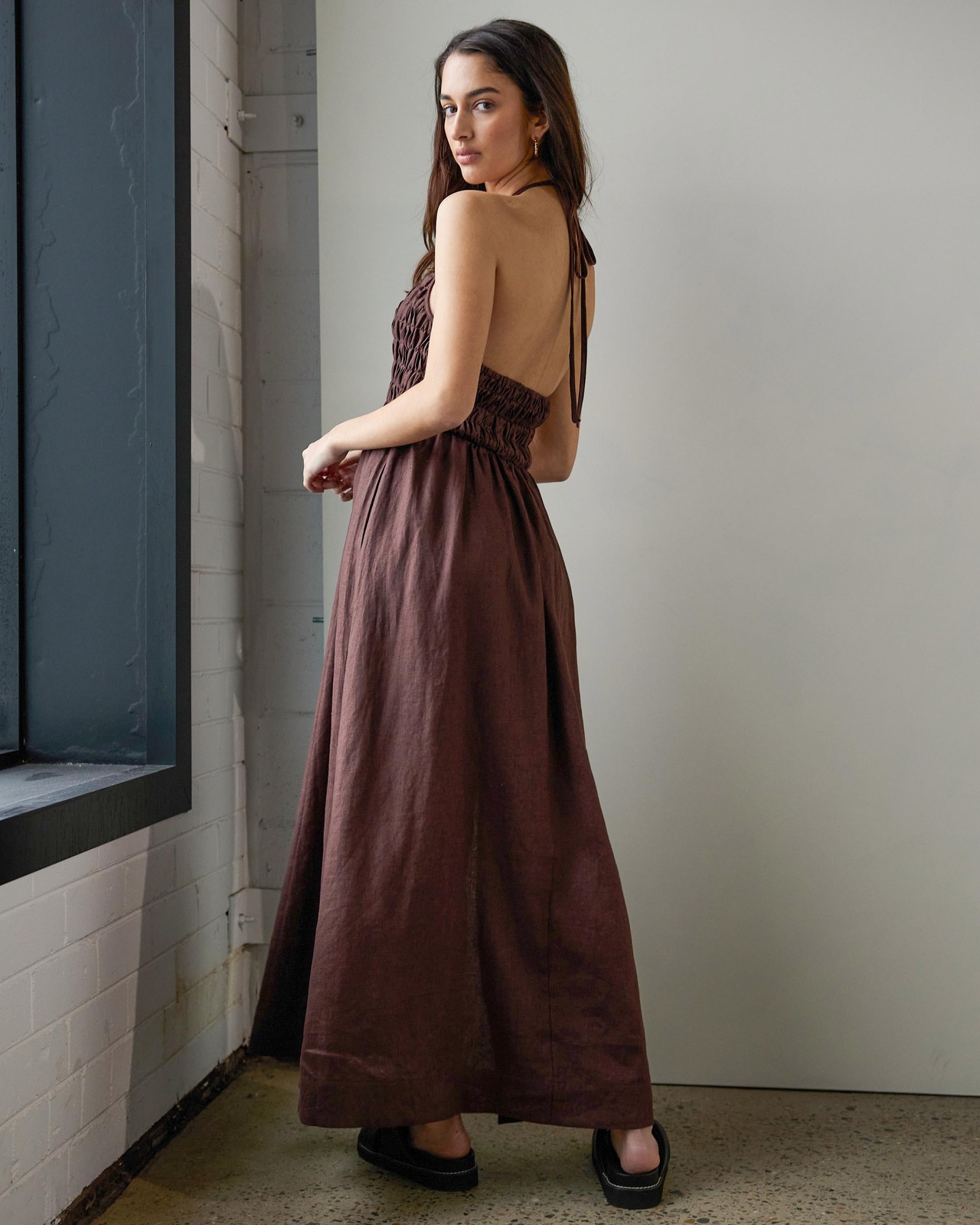 Smocked Bodice Linen Midi Dress