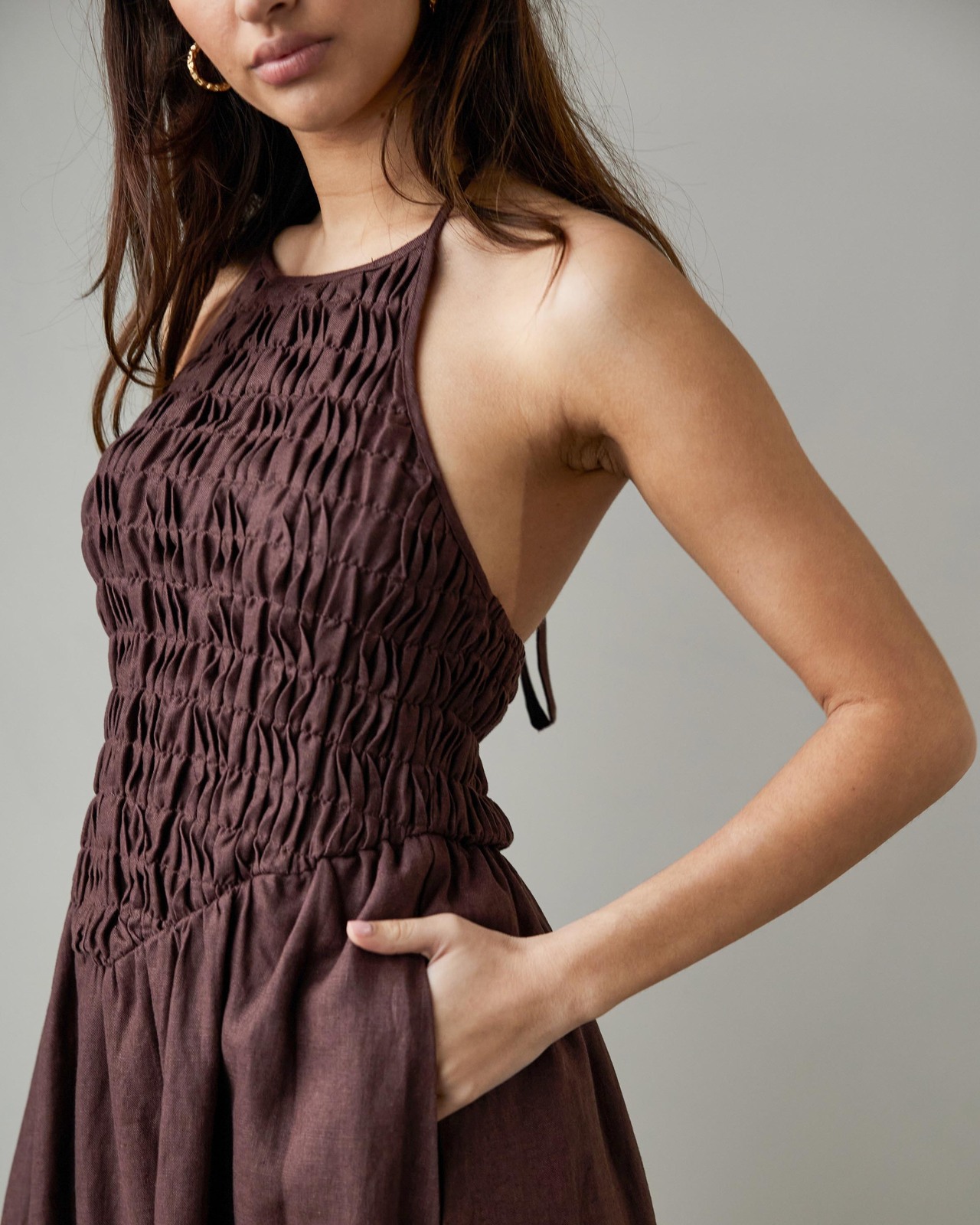 Smocked Bodice Linen Midi Dress