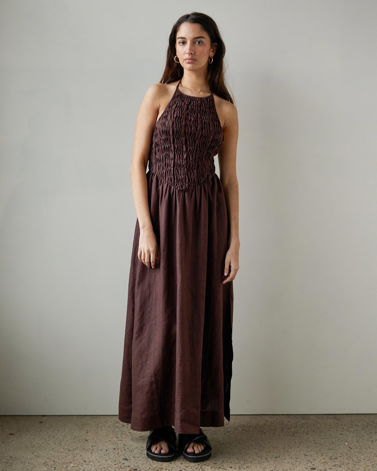 Smocked Bodice Linen Midi Dress