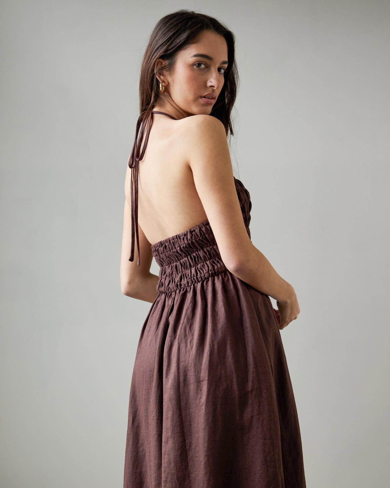 Smocked Bodice Linen Midi Dress