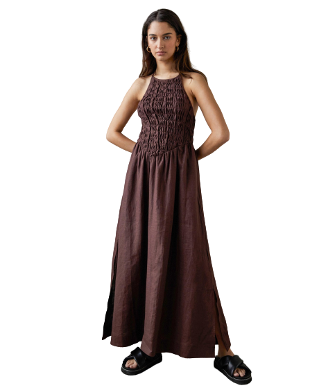 Smocked Bodice Linen Midi Dress