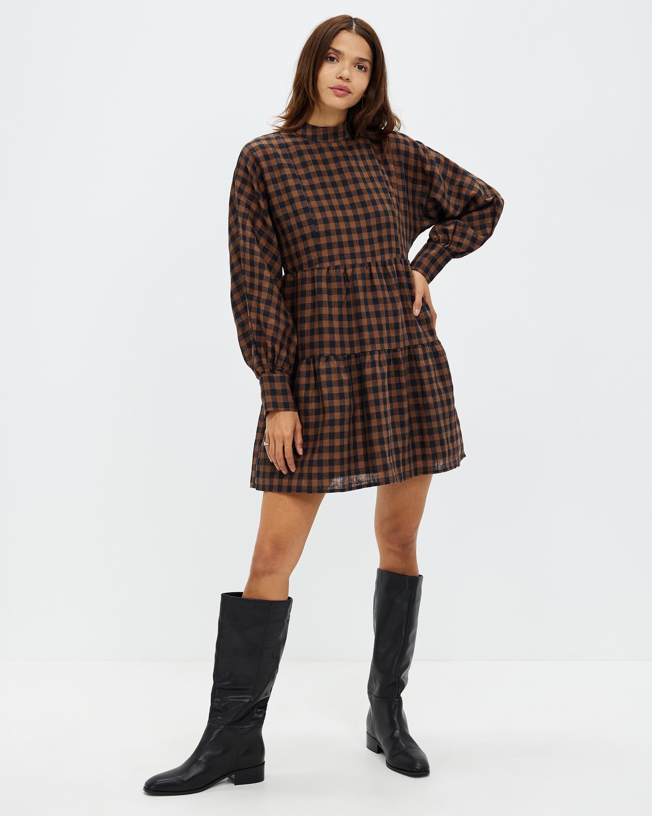 Panelled Check Linen Dress