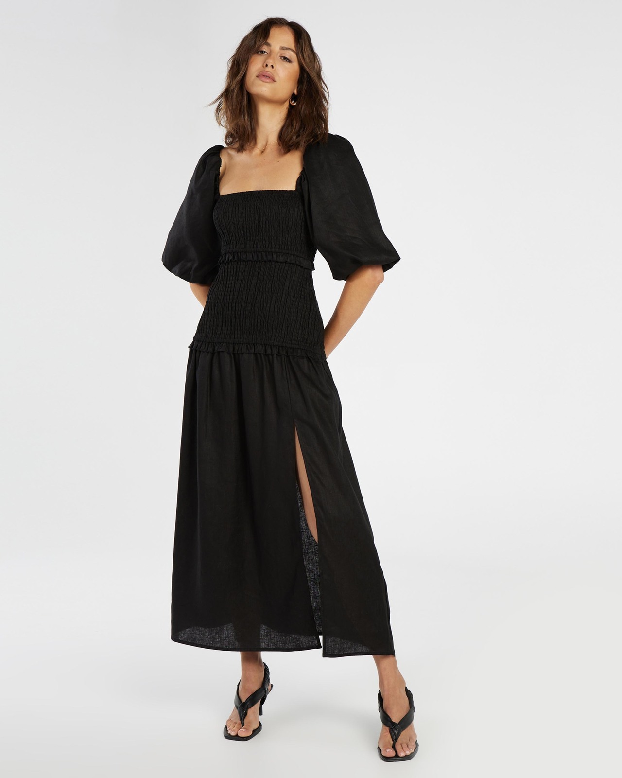 Shirred Linen Puff Sleeve Midi Dress