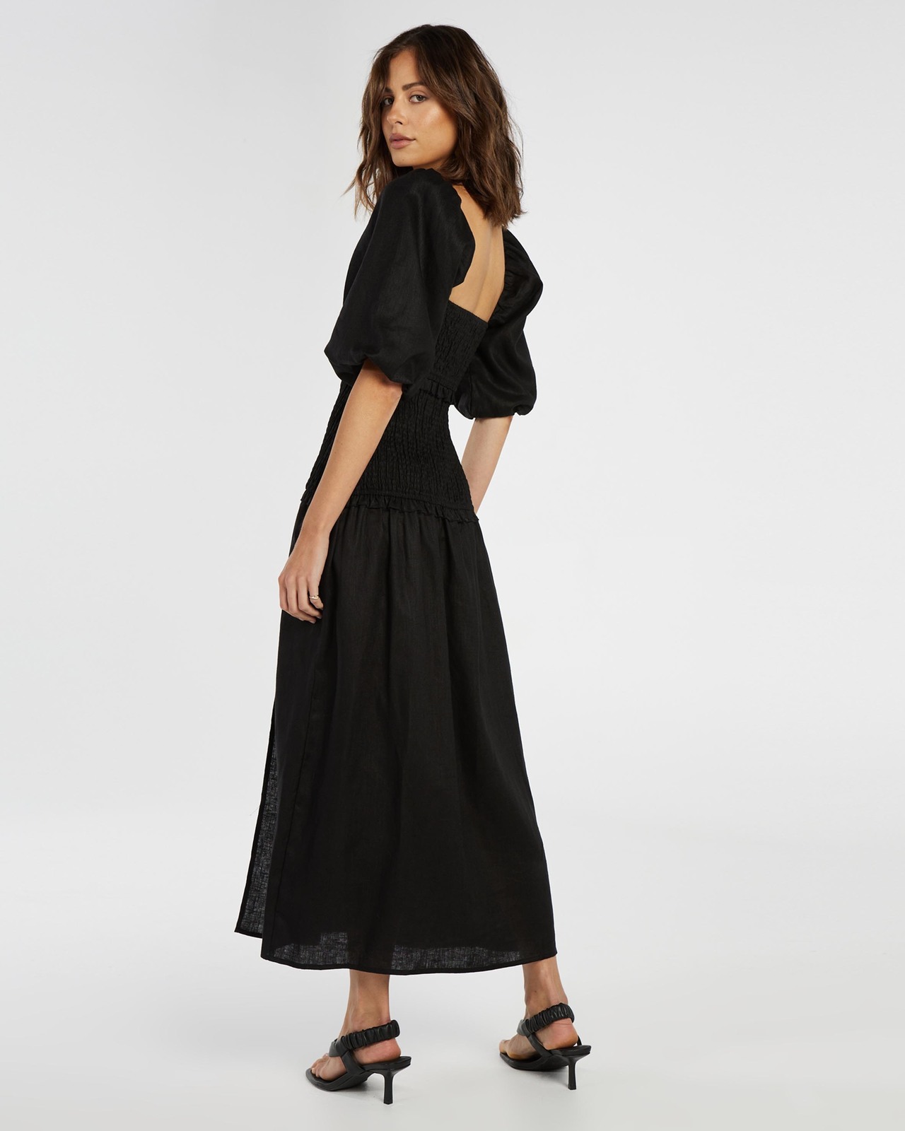 Shirred Linen Puff Sleeve Midi Dress