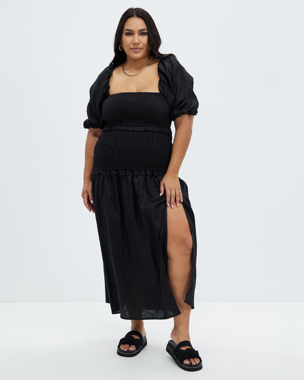 Shirred Linen Puff Sleeve Midi Dress