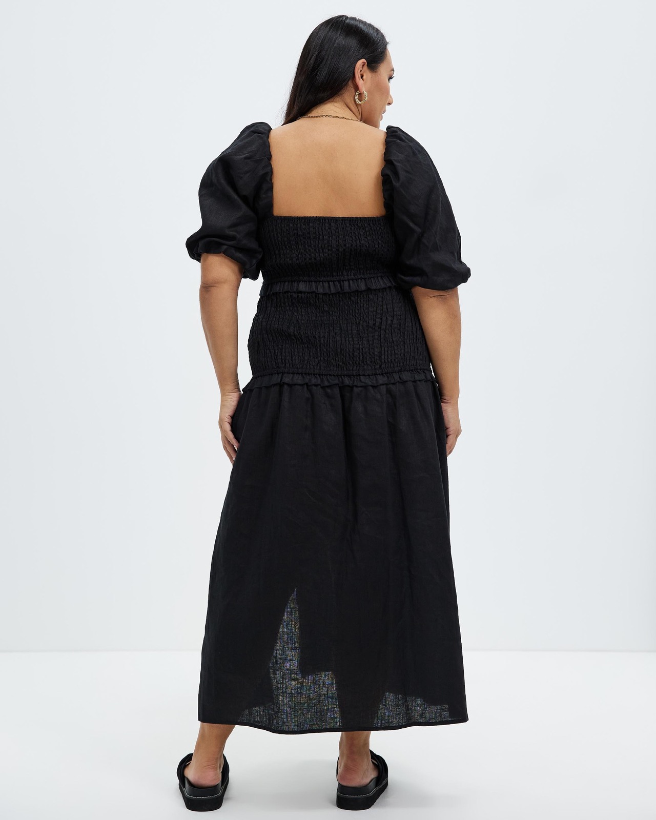 Shirred Linen Puff Sleeve Midi Dress