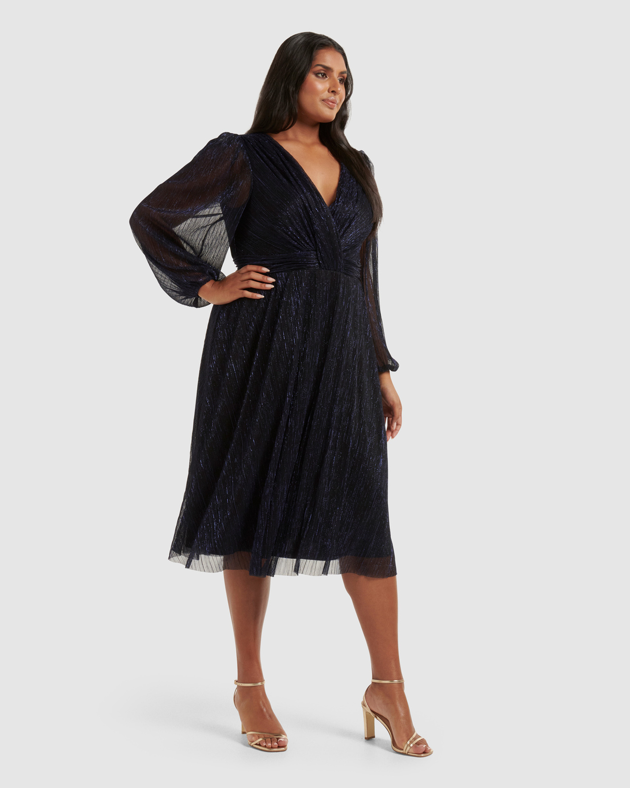 Verity Curve Plisse Tuck Waist Midi Dress