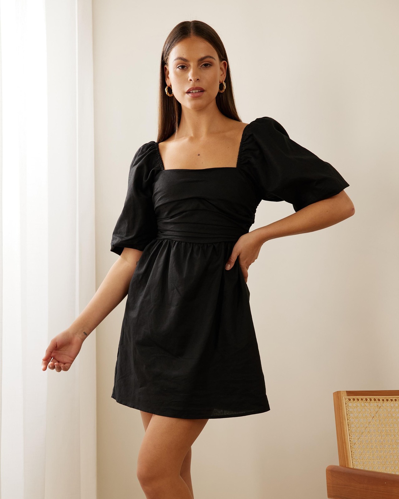 Fern Linen Blend Gathered Puff Sleeve Mini Dress