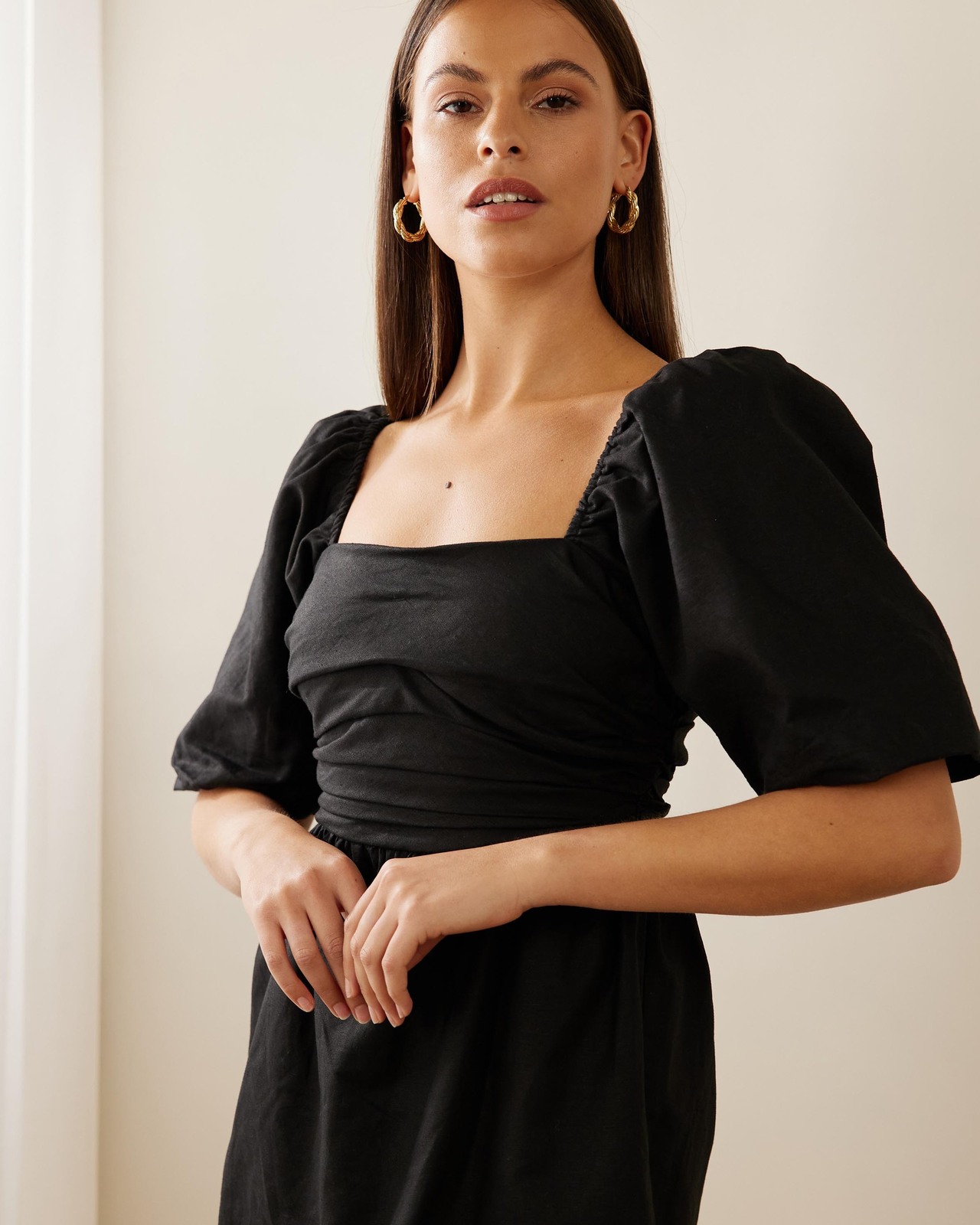 Fern Linen Blend Gathered Puff Sleeve Mini Dress
